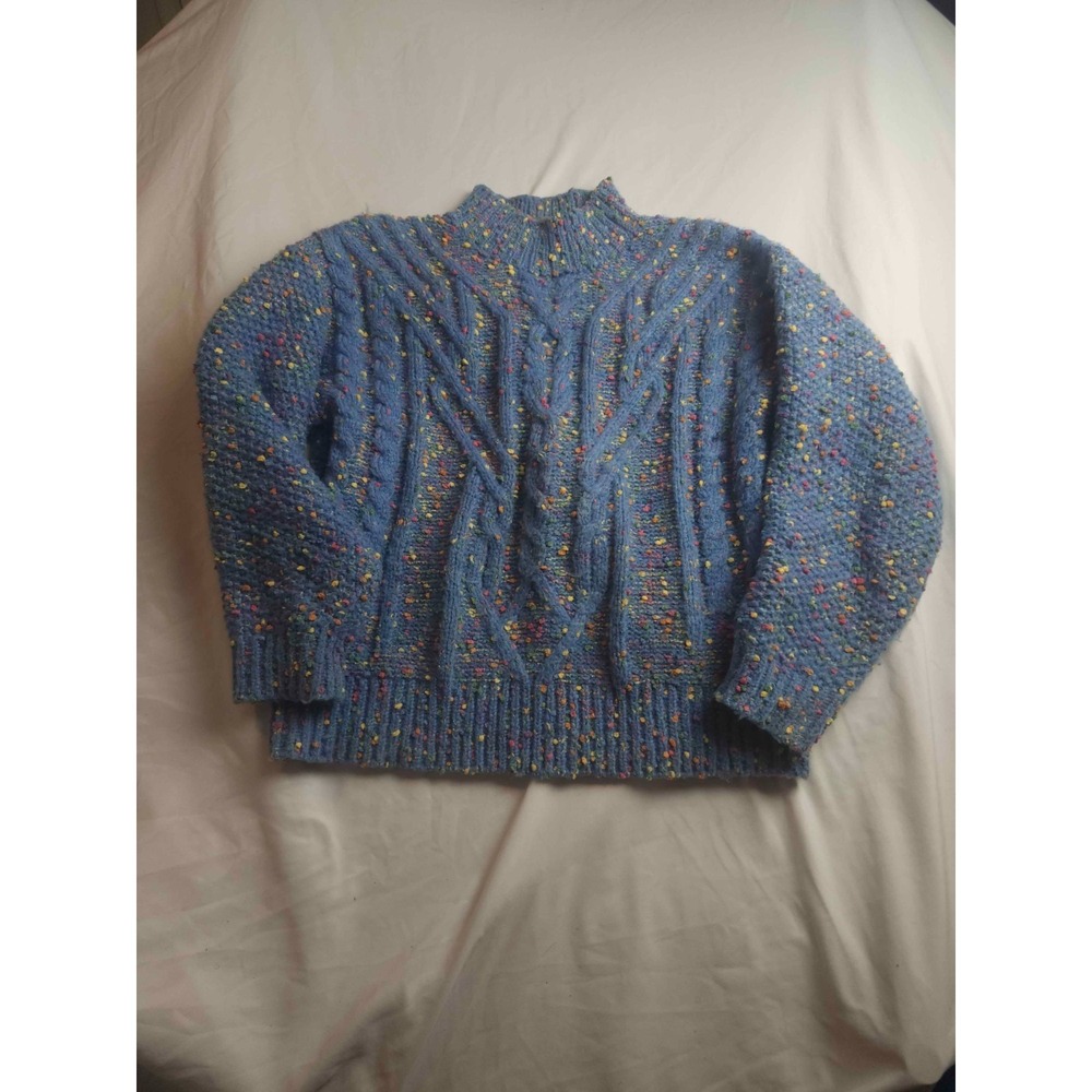 Fate Sweater Womens Medium Blue Cable Knit Confetti Mock Neck Pullover Cabincore